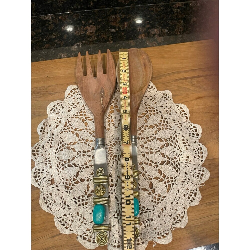 Wood Metal Wire Wrapped Turquoise Bead Salad Server Set